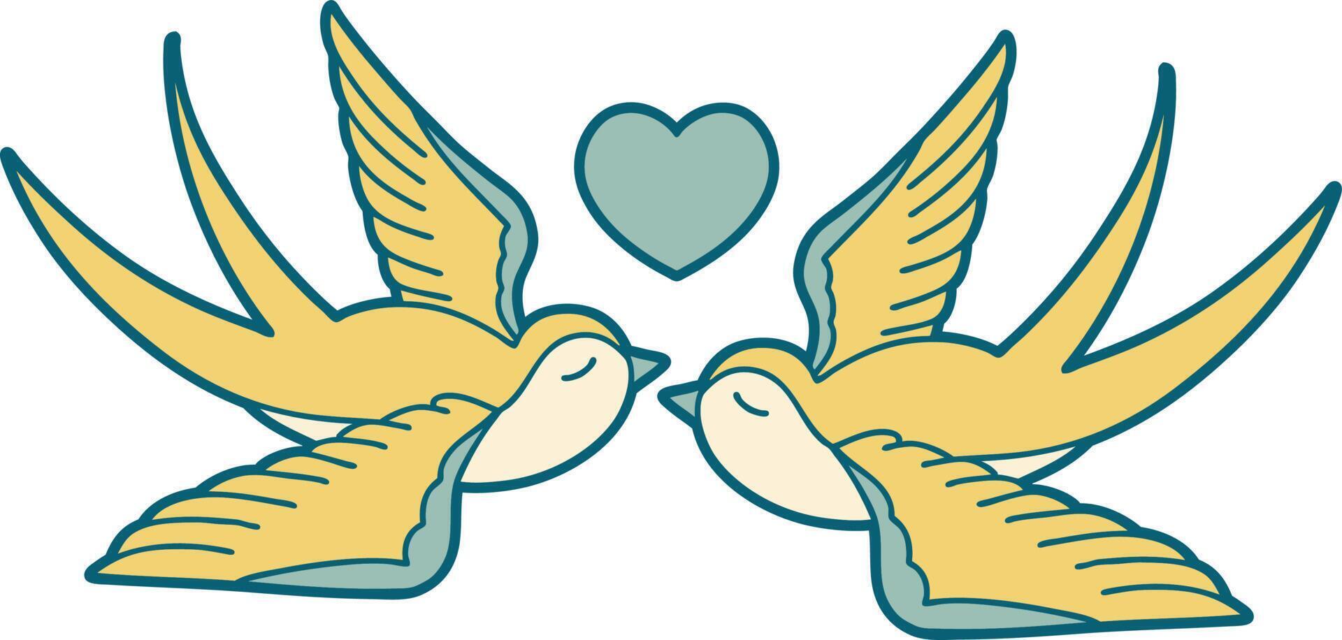 tattoo style icon of a swallows and a heart vector