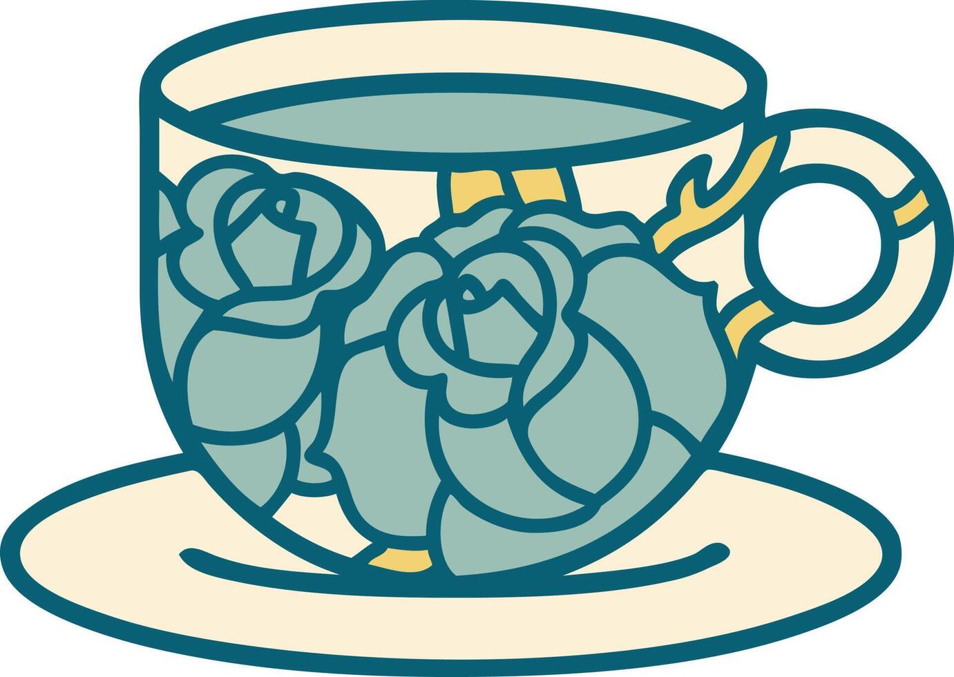 tattoo style icon of a cup and flowers vector