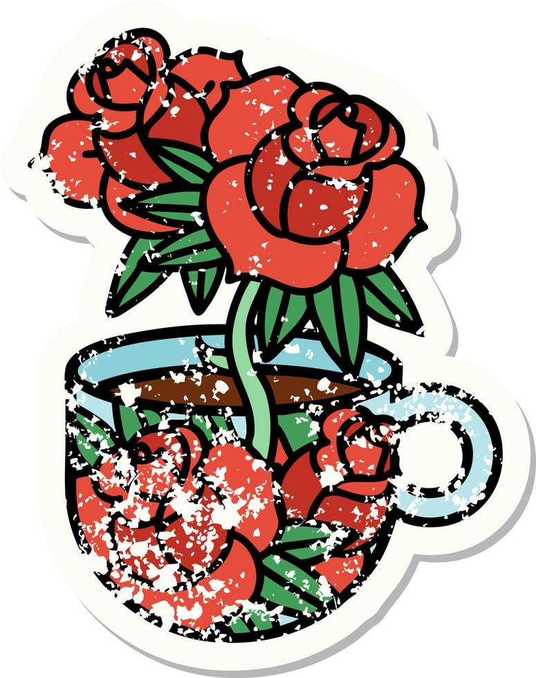 tatuaje de pegatina angustiado tradicional de una taza y flores vector