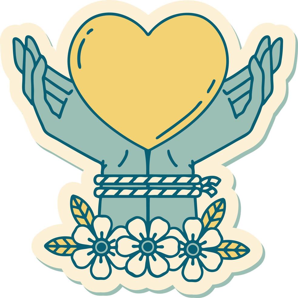 tattoo style sticker of tied hands and a heart vector