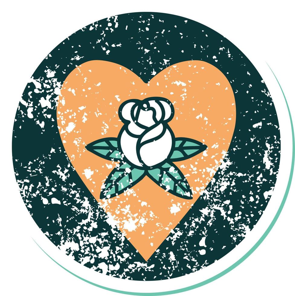 icono de estilo de tatuaje de pegatina angustiado de un corazón y flores vector