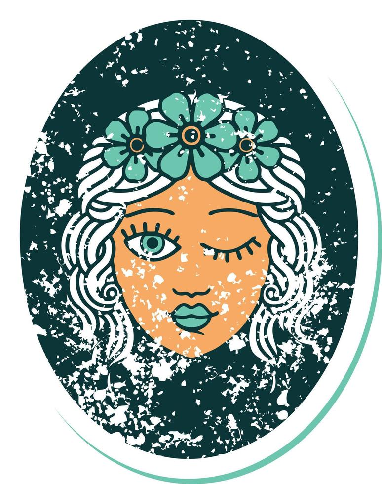 distressed sticker tattoo style icon of a maiden with crown of flowers winking vector