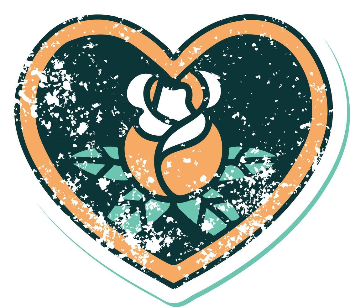 distressed sticker tattoo style icon of a heart and flowers vector