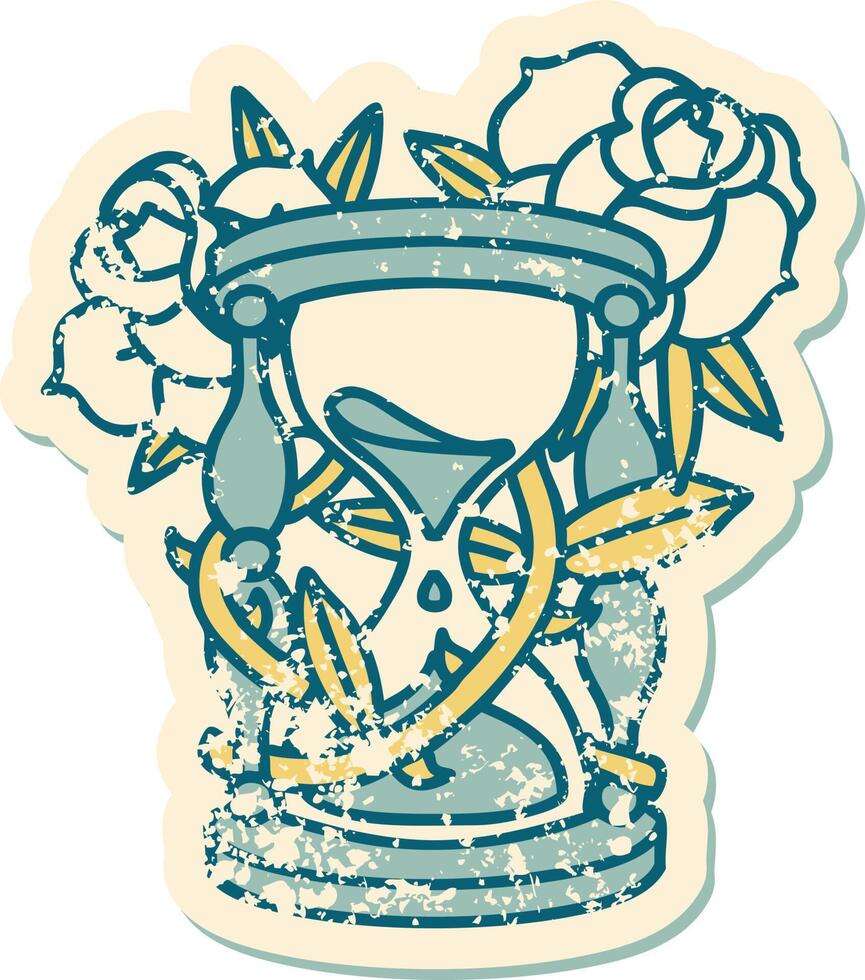 distressed sticker tattoo style icon of an hour glass and flowers vector