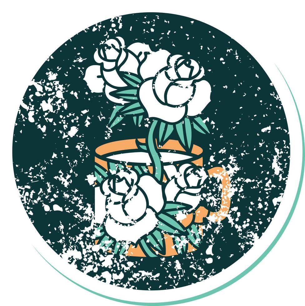 pegatina angustiada icono de estilo tatuaje de una taza y flores vector