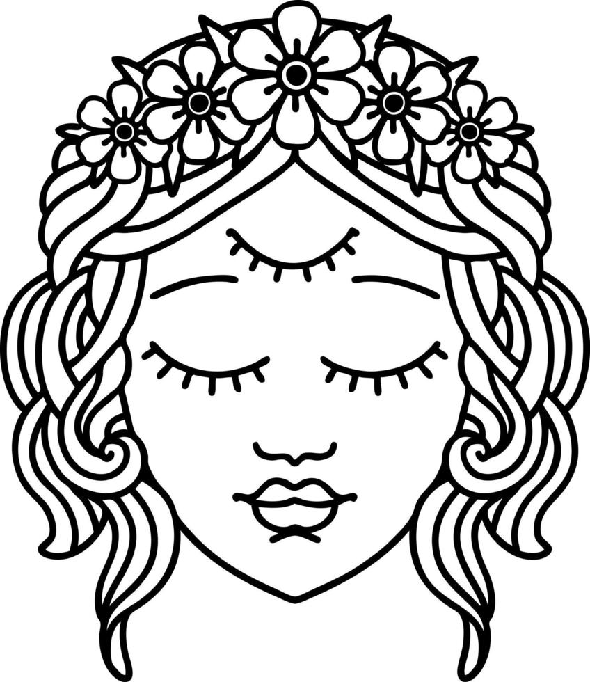 black line tattoo of female face with third eye vector