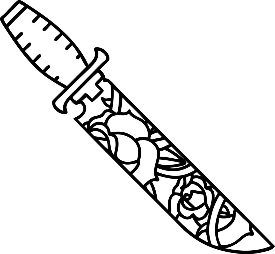 black line tattoo of a dagger and flowers vector