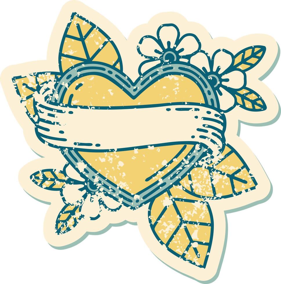 distressed sticker tattoo style icon of a heart and banner vector