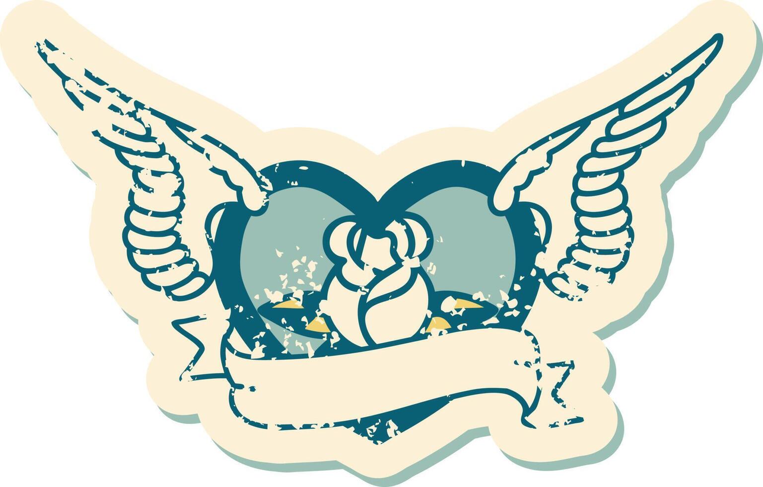 distressed sticker tattoo style icon of a flying heart with flowers and banner vector