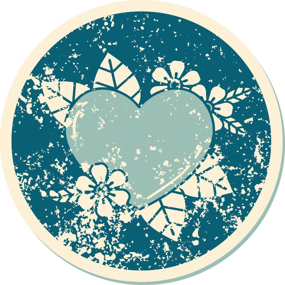 iconic distressed sticker tattoo style image of a botanical heart vector