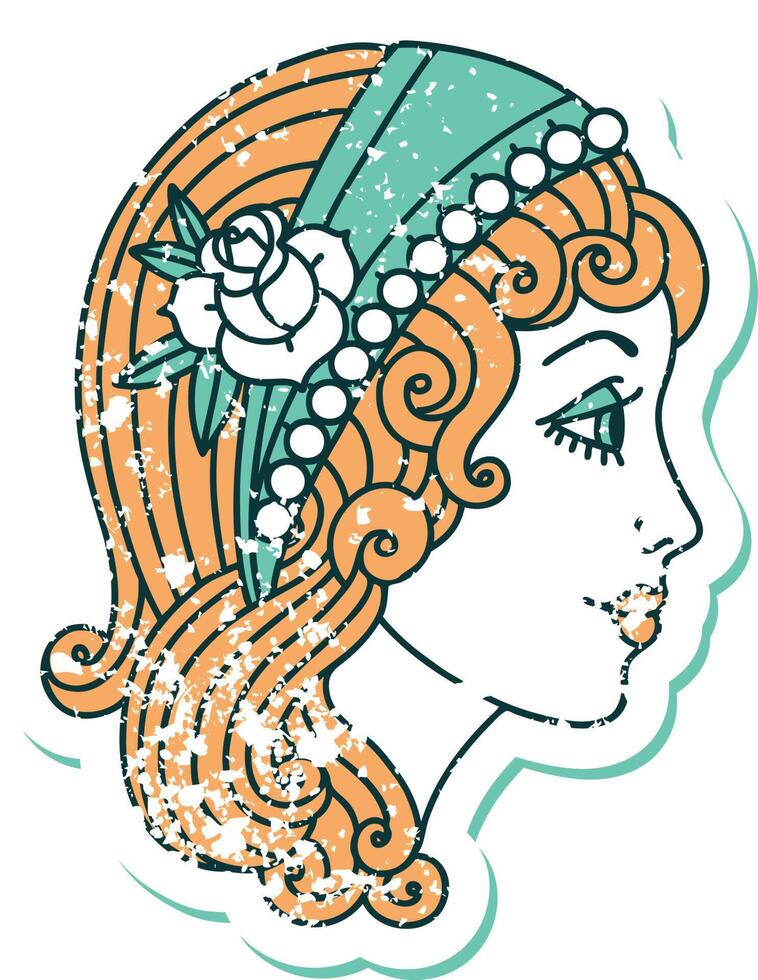 iconic distressed sticker tattoo style image of a gypsy head vector