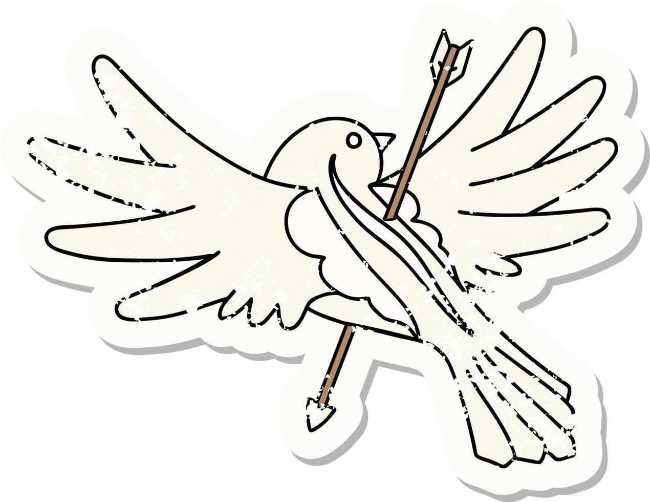 distressed sticker tattoo in traditional style of a dove pierced with arrow vector