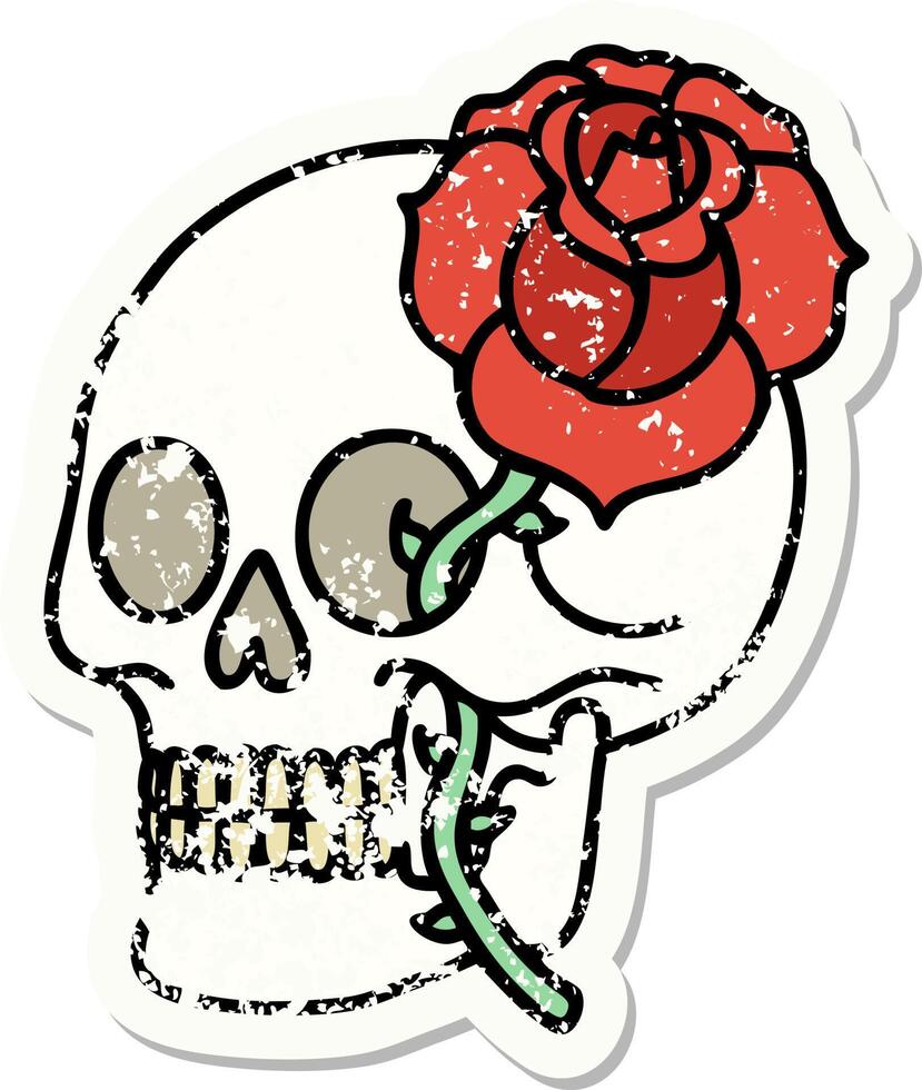 tatuaje de pegatina angustiado al estilo tradicional de una calavera y una rosa vector