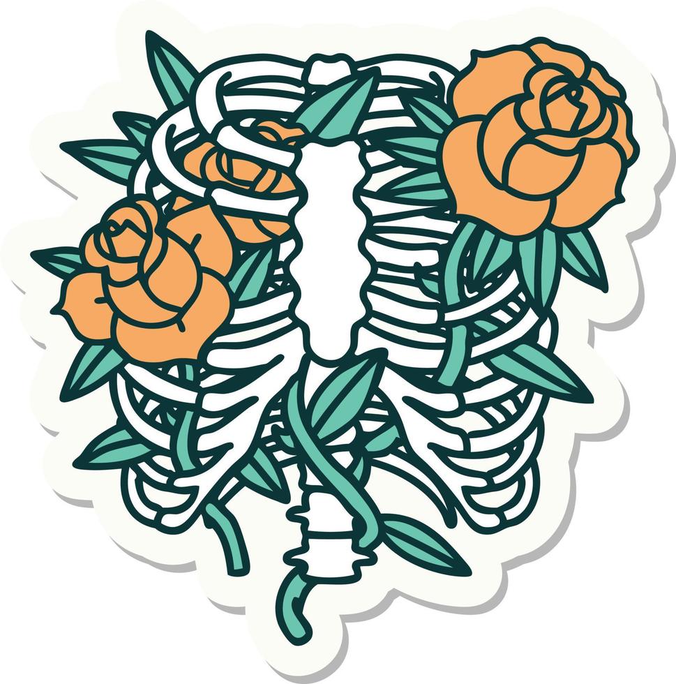 pegatina de tatuaje al estilo tradicional de una caja torácica y flores vector