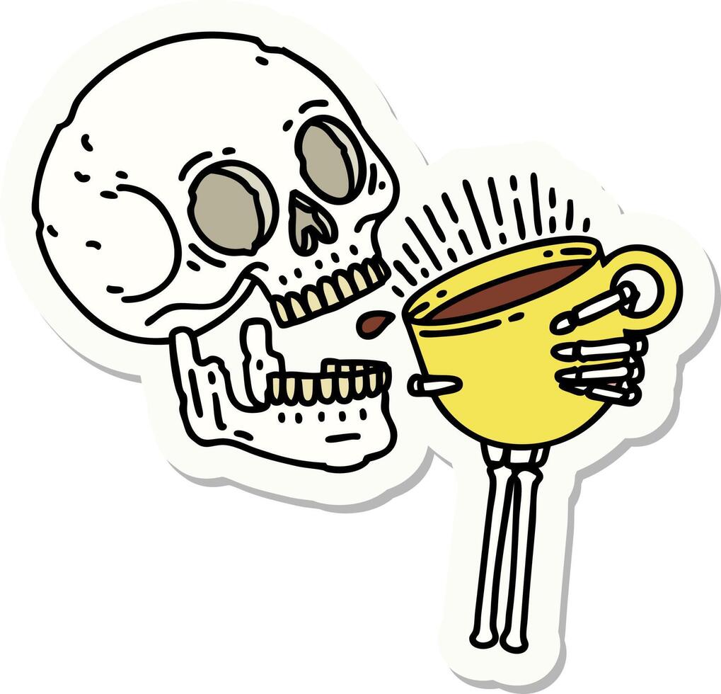 pegatina de tatuaje al estilo tradicional de una calavera bebiendo café vector