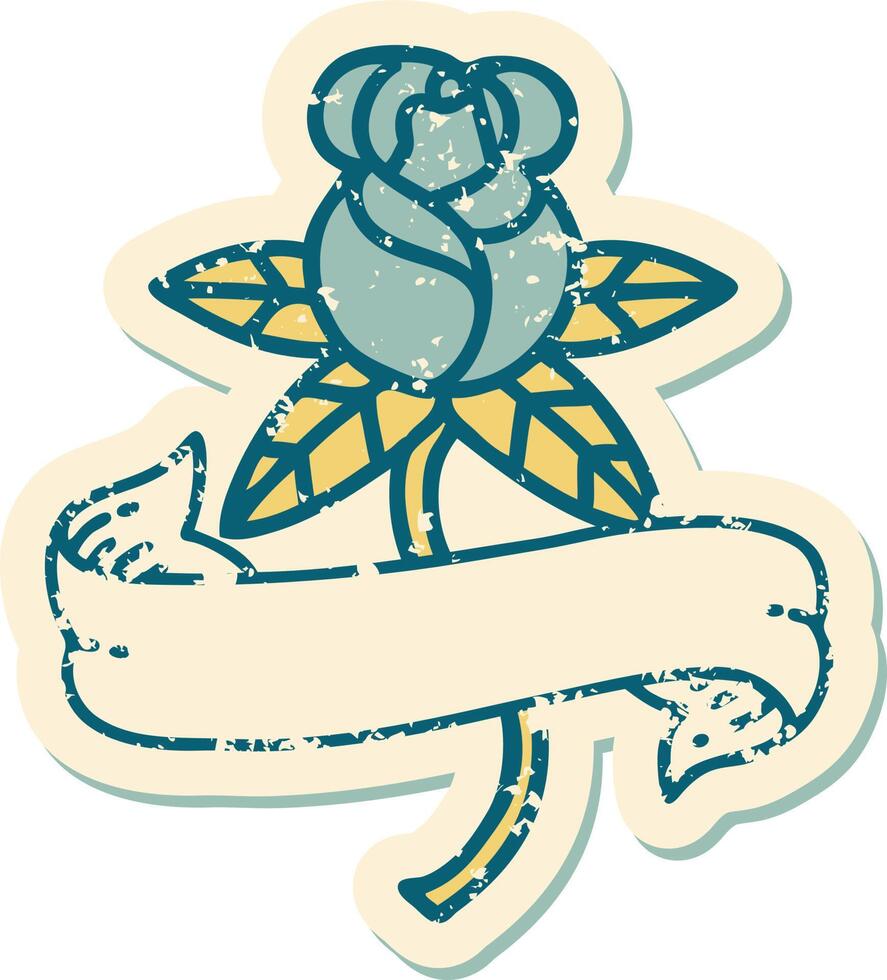 iconic distressed sticker tattoo style image of a rose and banner vector