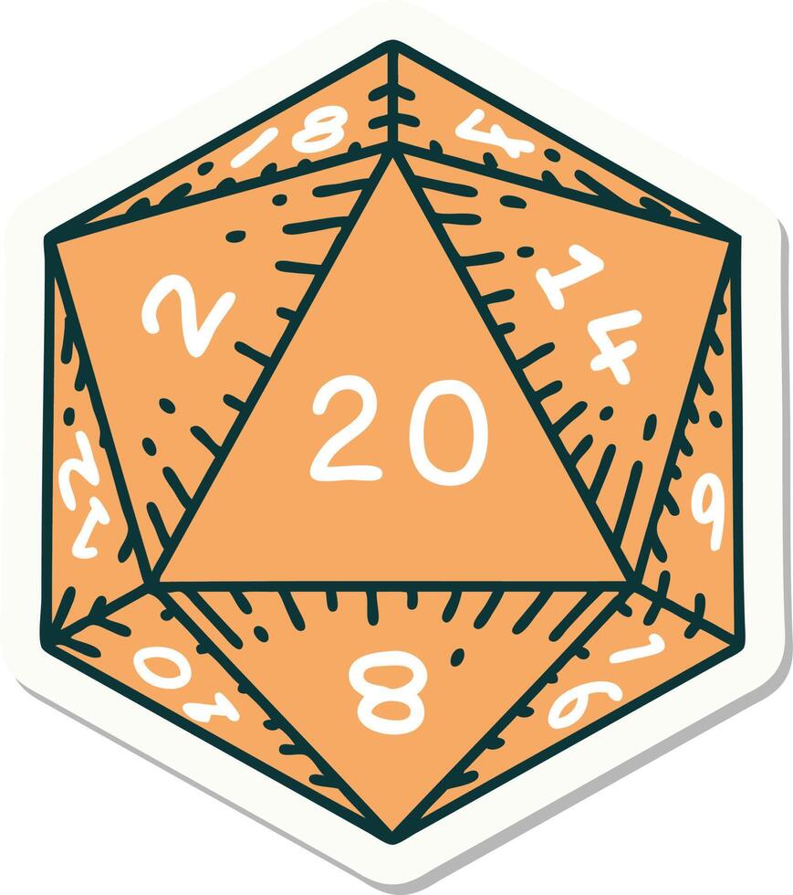 pegatina de tatuaje al estilo tradicional de un dado d20 vector