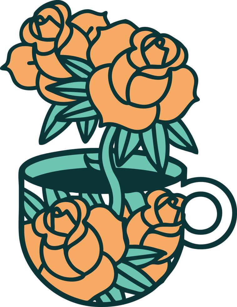 imagen icónica de estilo tatuaje de una taza y flores vector