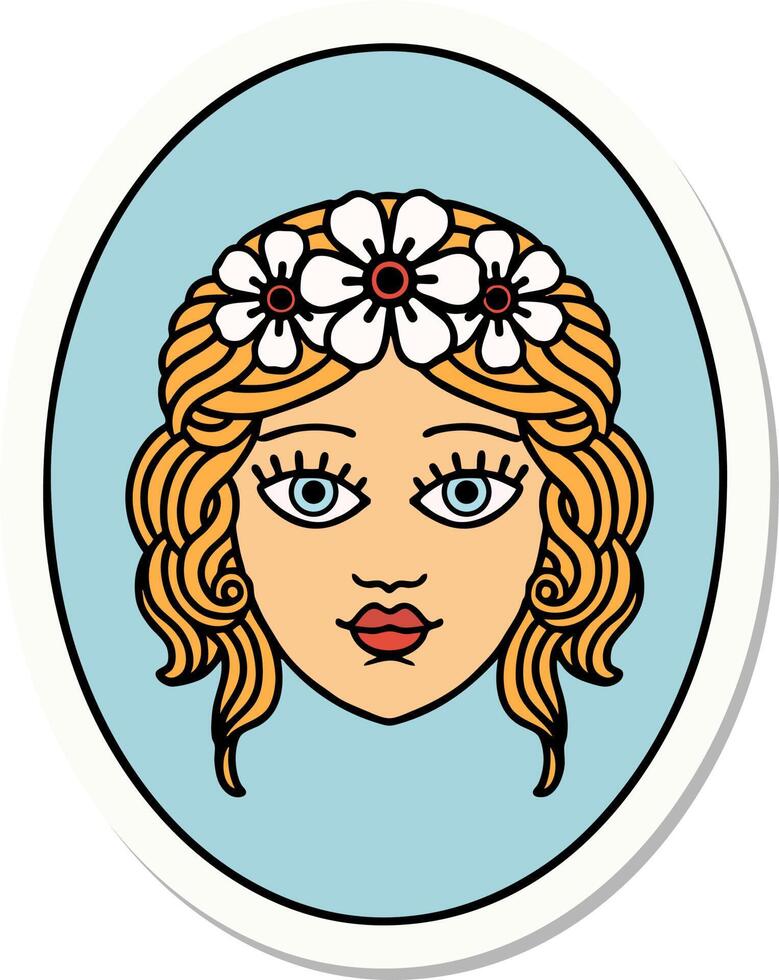 sticker of tattoo in traditional style of a maiden with crown of flowers vector