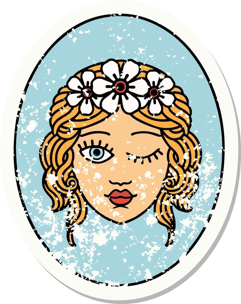 distressed sticker tattoo in traditional style of a maiden with crown of flowers winking vector