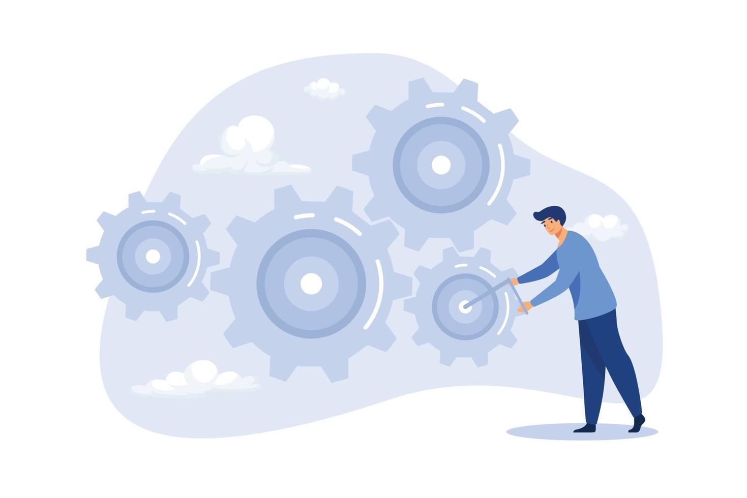 Business work flow, leadership to drive team and initiate productivity and efficiency working process concept, smart businessman manager use all his power and skill to rotate group of cogwheels gear. vector