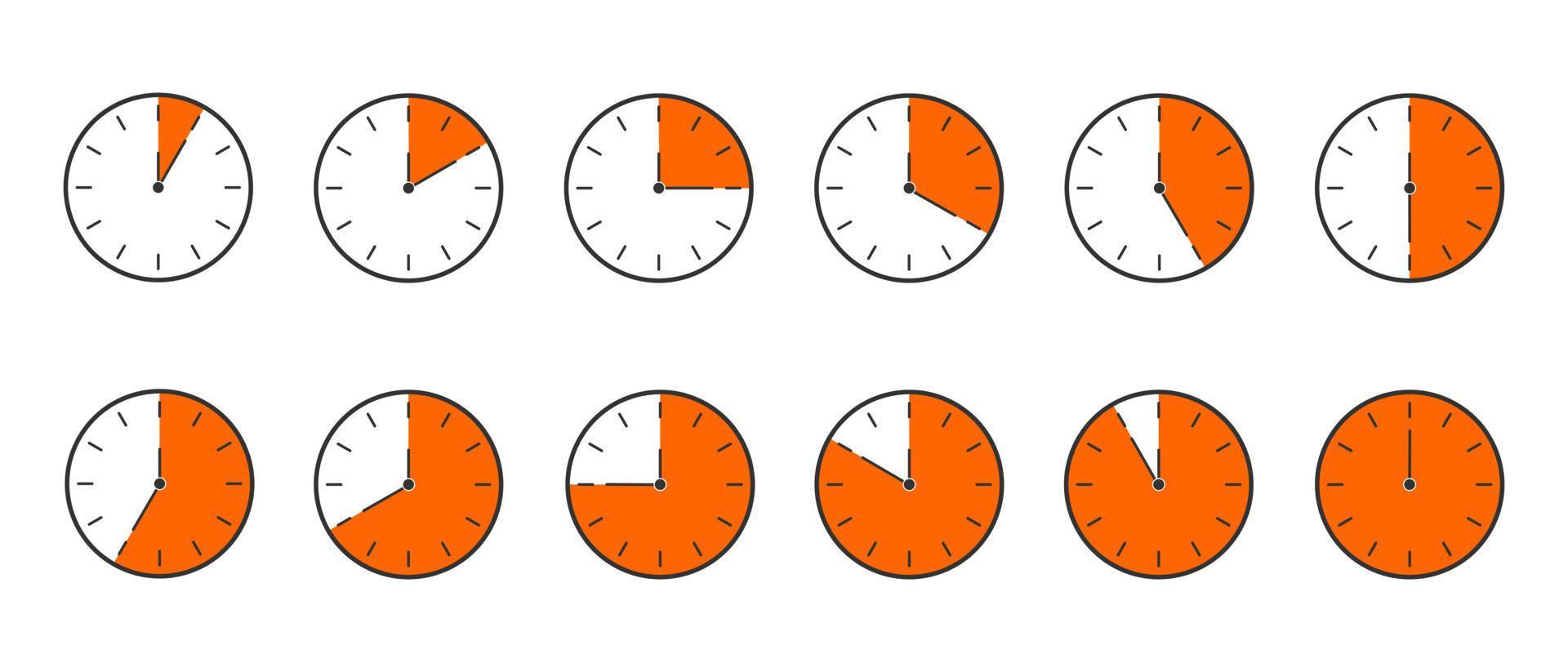 Countdown timer or stopwatch icons set. Clocks with different orange minute time intervals