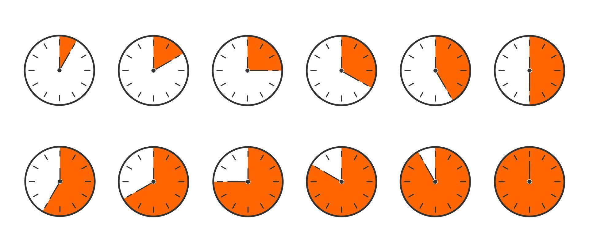 temporizador de cuenta regresiva o conjunto de iconos de cronómetro. relojes con diferentes intervalos de tiempo de minutos naranjas. infografía para juegos de cocina o deportivos. vector