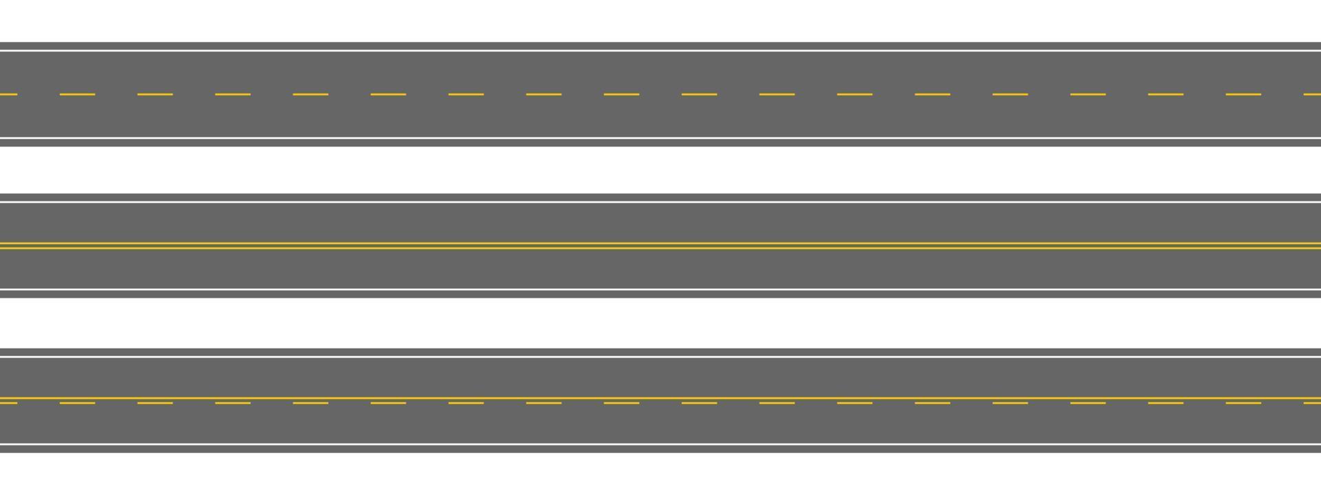 vista superior aérea de carreteras rectas. carreteras horizontales vacías con diferentes marcas blancas y amarillas. plantillas de carretera sin problemas. elementos del mapa de la ciudad vector