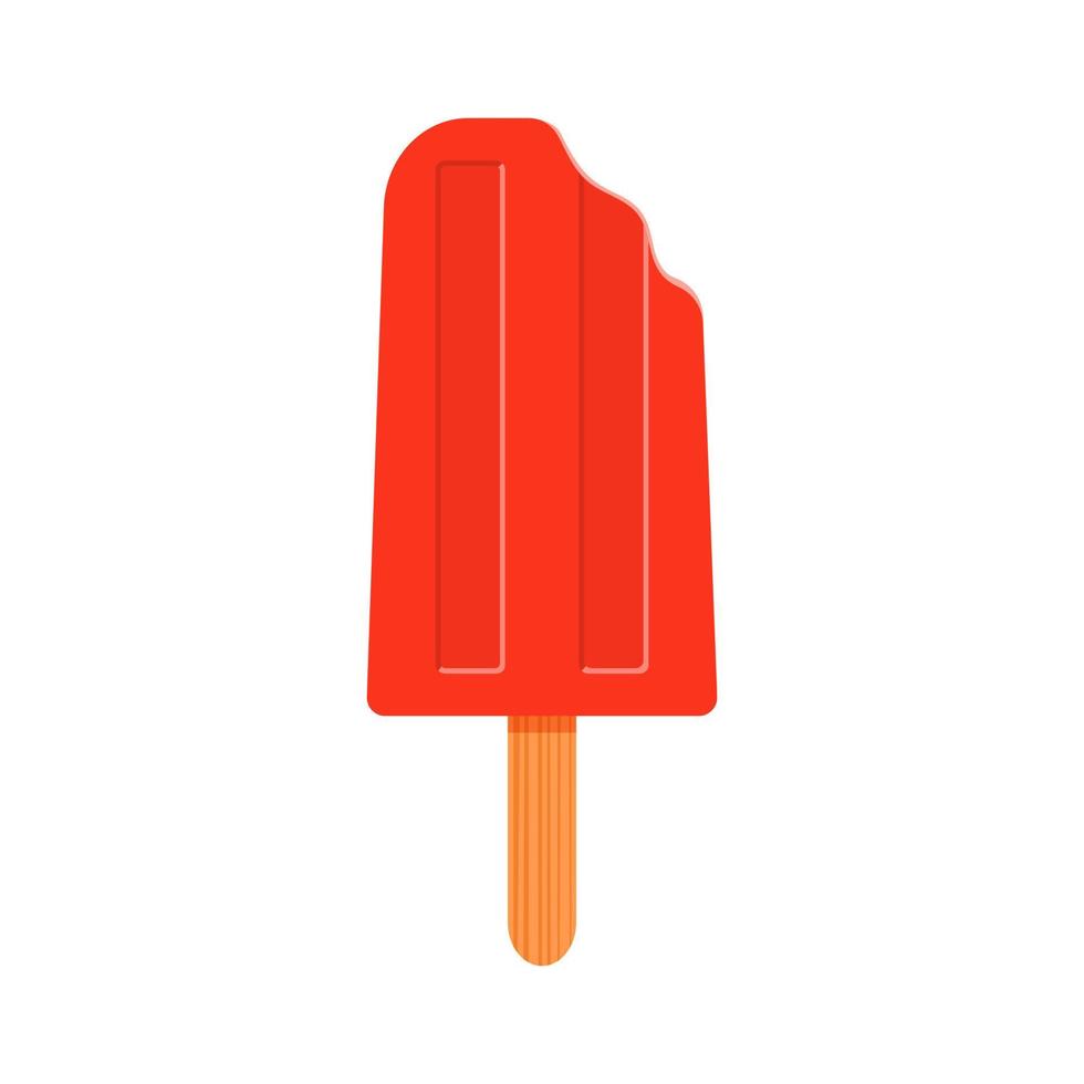 Bitten strawberry popsicle. Ice cream or frozen juice on stick isolated on white background. Sweet cold summer dessert vector