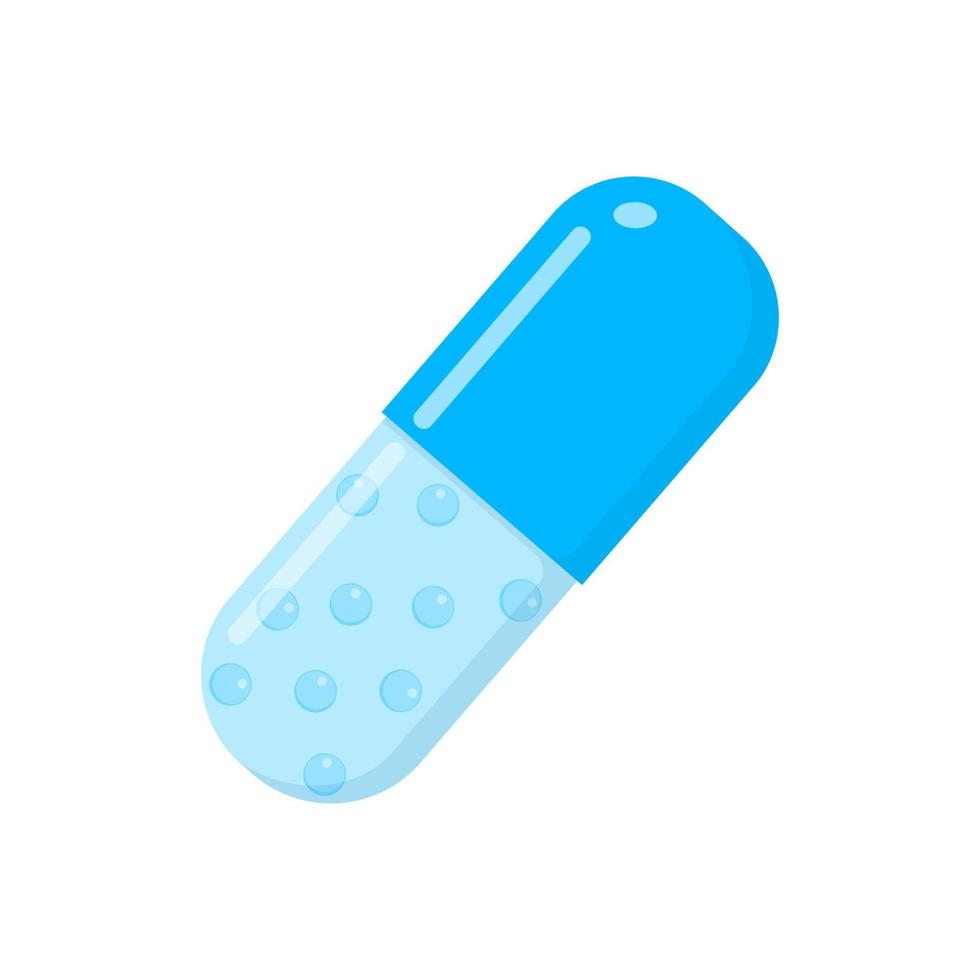 Blue capsule with dragees. Spansula with drug granules isolated on white background. Medical therapy concept vector