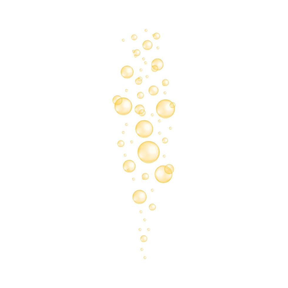 Golden bubbles stream. Fizzy carbonated drink, soda, champagne, seltzer texture. Glossy balls of collagen, serum, jojoba cosmetic oil, vitamin A or E, omega fatty acids vector