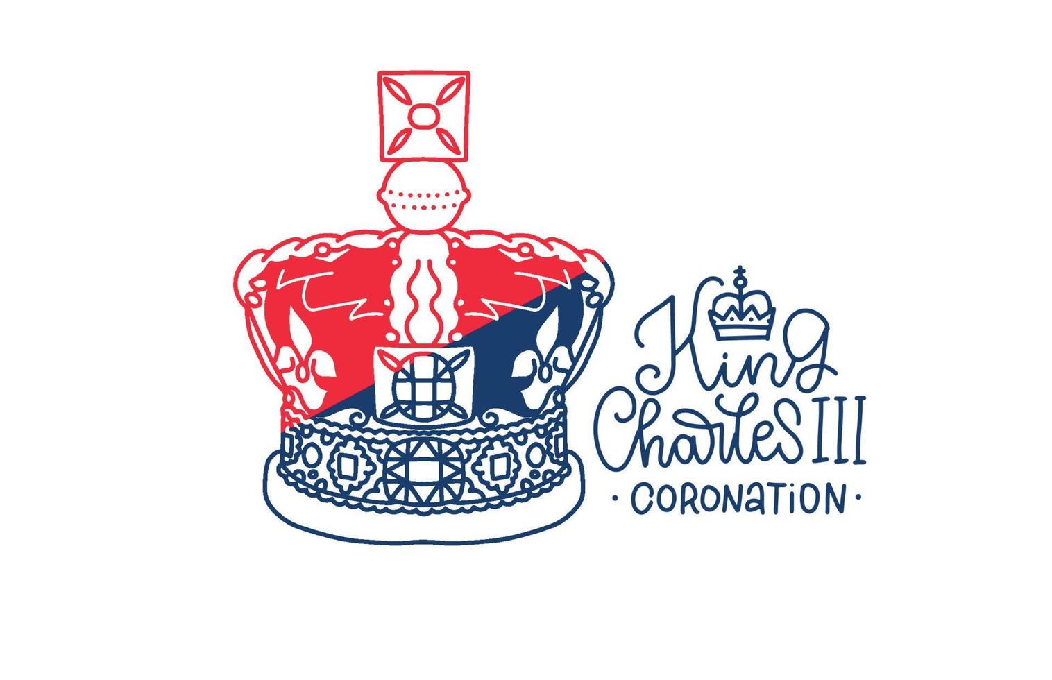 English King Coronation Crown Jewels Illustration Isolated on White Background. Minimalistic coronation banner vector design. Linear illustration with lettering text.