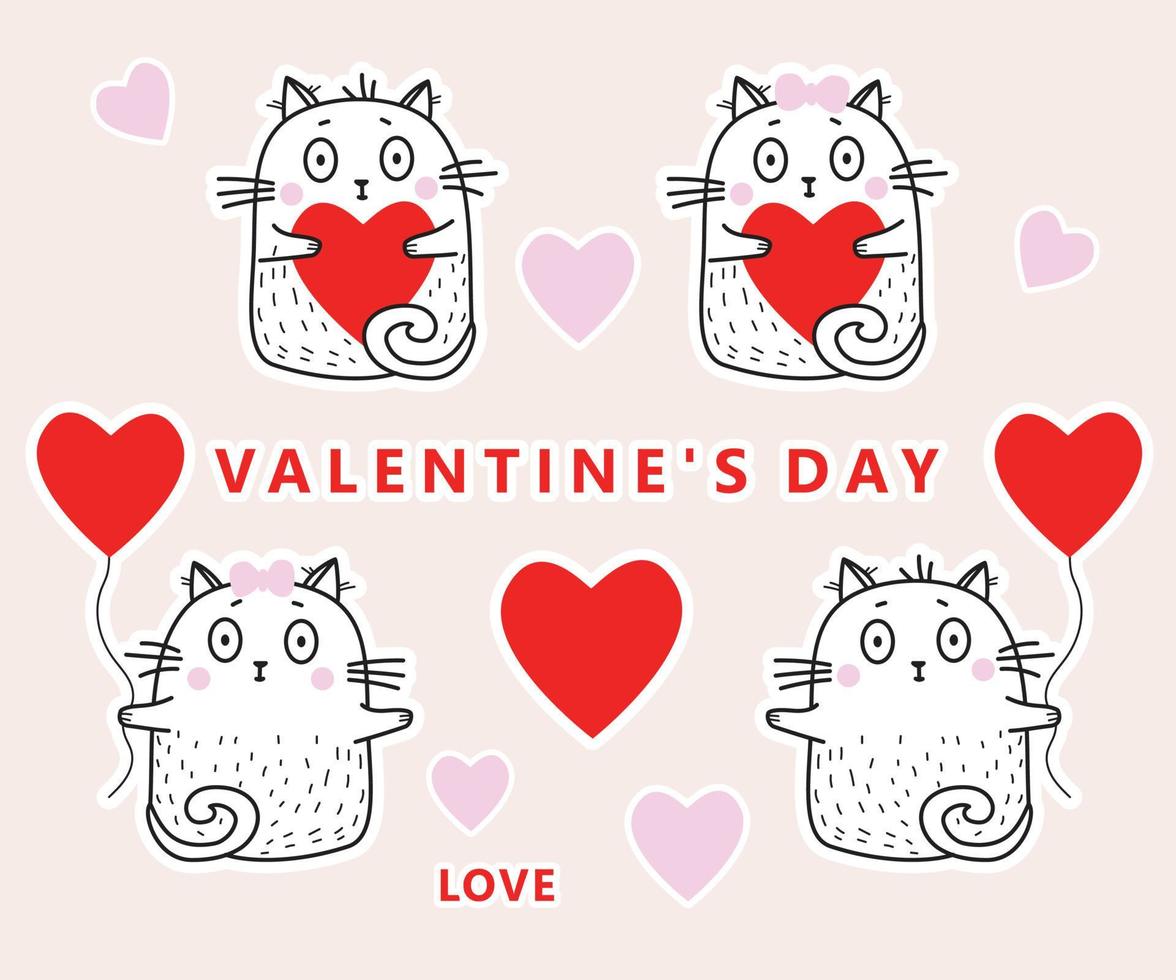 Set of stickers in love cats with hearts and with red balloons for Valentines day. Vector illustration. Collection of white cute cats for For design, decoration and greeting valentines