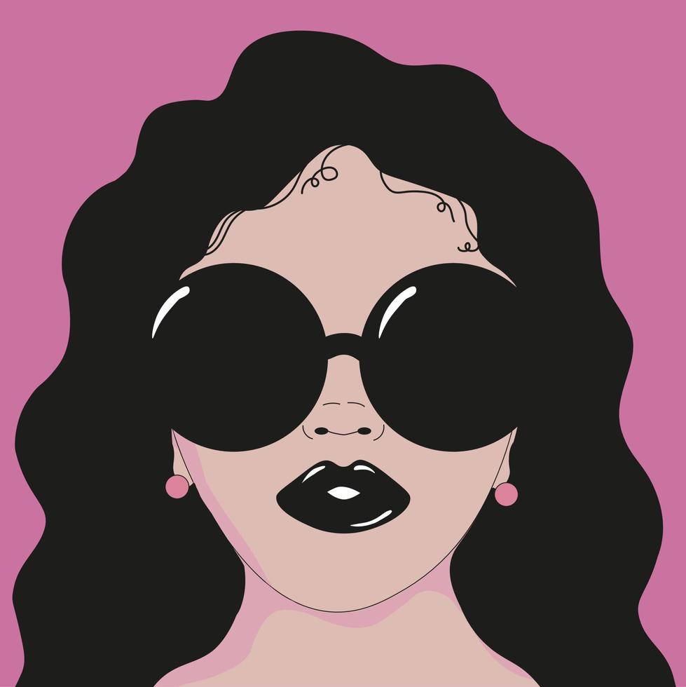 chica negra con gafas de sol y aretes rosas. ilustración de una chica negra con el pelo rizado en un fondo rosa. cartel, postal con una mujer. vector
