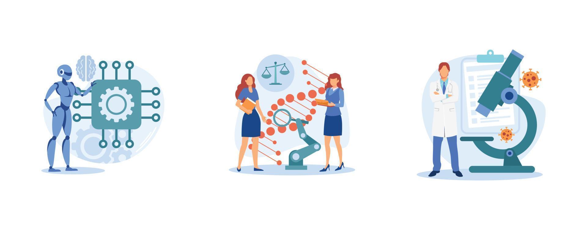 Biological science. Cybernetics and bioethics, microbiological technology, robotic industry, medical ethics and biotech research. set flat vector modern illustration