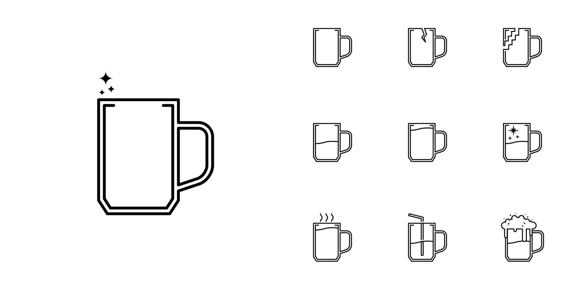 ten sets of glass mug line icons. with straw, cold water, hot water, soda and foam. simple, line, silhouette and clean style. black and white. suitable for symbols, signs, icons or logos vector