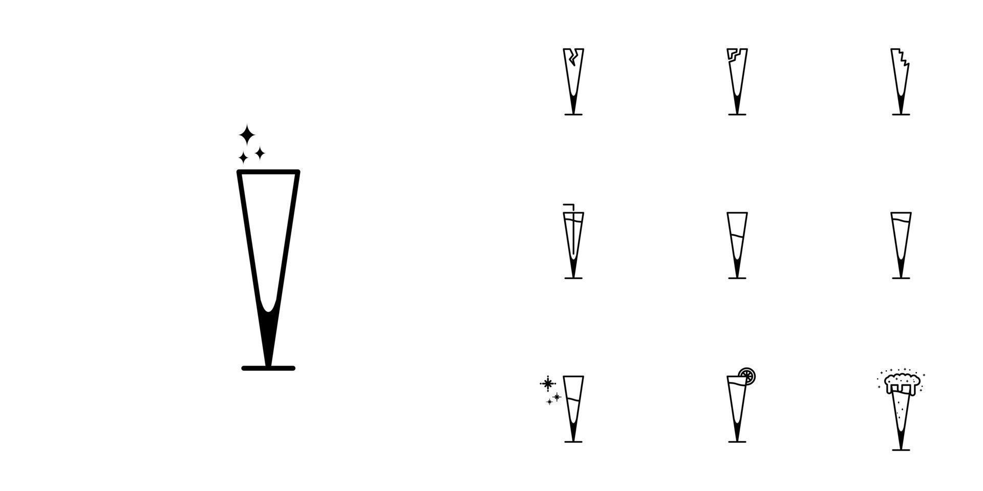 ten sets of glassware or champagne glass line icons. with straw, lemon, cold water, soda and foam. simple, line, silhouette and clean style. black and white. suitable for symbol, sign, icon or logo vector