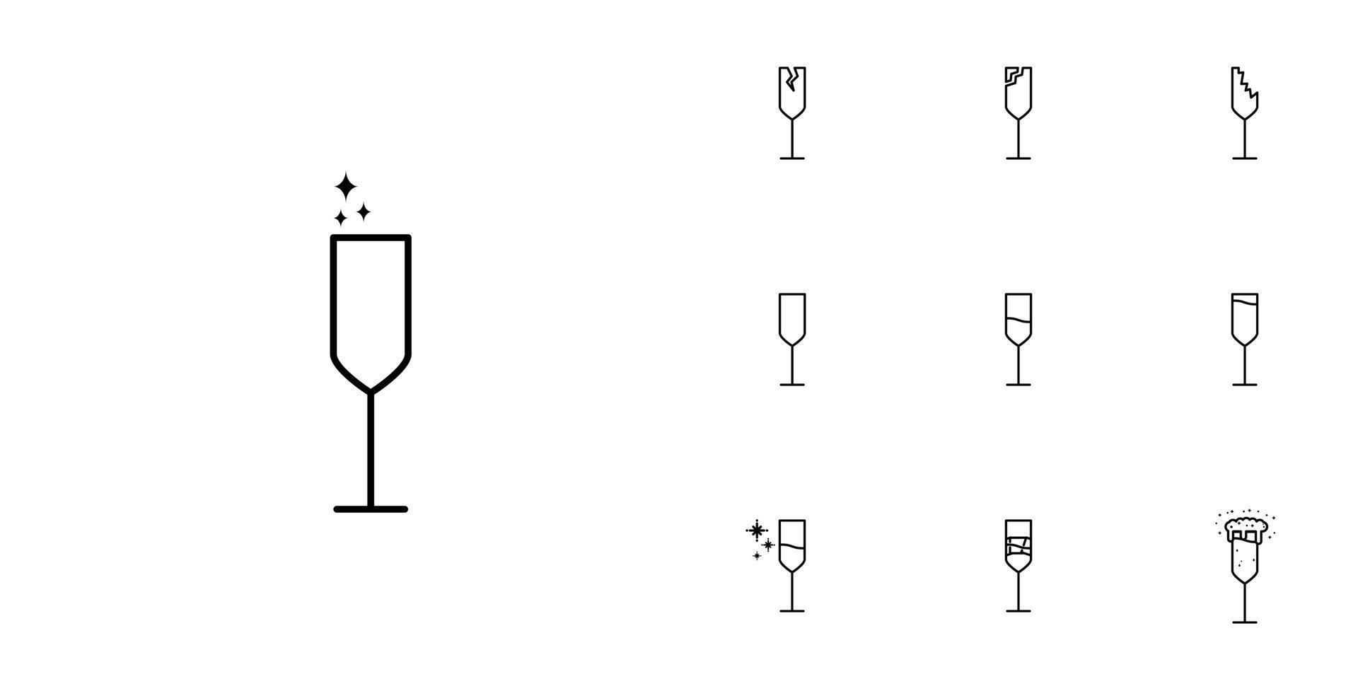 diez juegos de iconos de línea de vidrio de flauta. con cubito de hielo, soda, espuma y agua fría. simple, línea, silueta y estilo limpio. en blanco y negro. adecuado para símbolos, signos, iconos o logotipos vector