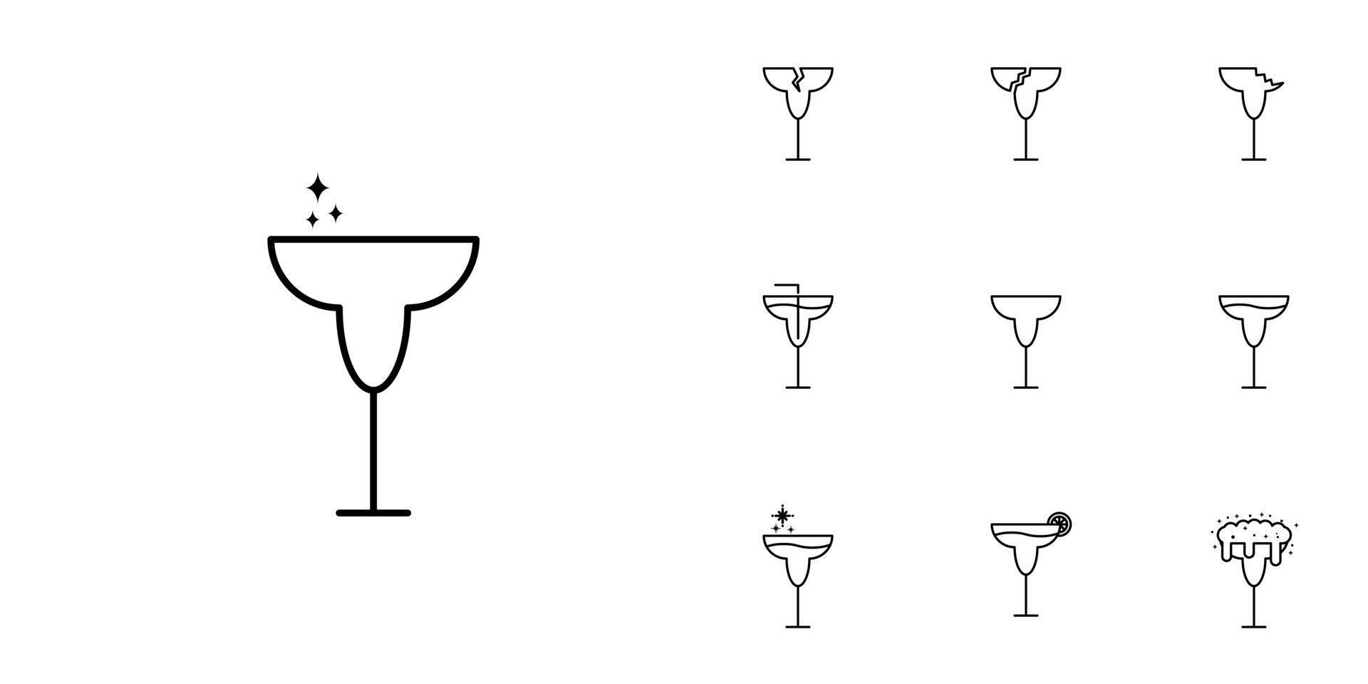 diez juegos de iconos de línea de copa de vino o copa. con una pajita, limón, agua fría, gaseosa y espuma. simple, línea, silueta y estilo limpio. en blanco y negro. adecuado para símbolos, signos, iconos o logotipos vector