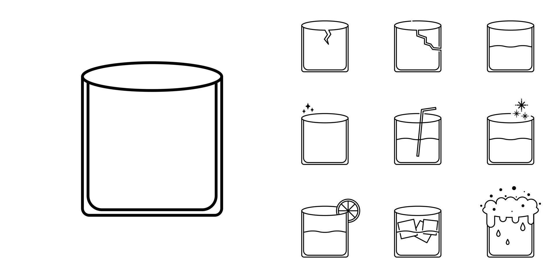 ten sets of rock glass line icons. with straw, lemon, ice cube, cold water, soda and foam. simple, line, silhouette and clean style. black and white. suitable for symbols, signs, icons or logos vector