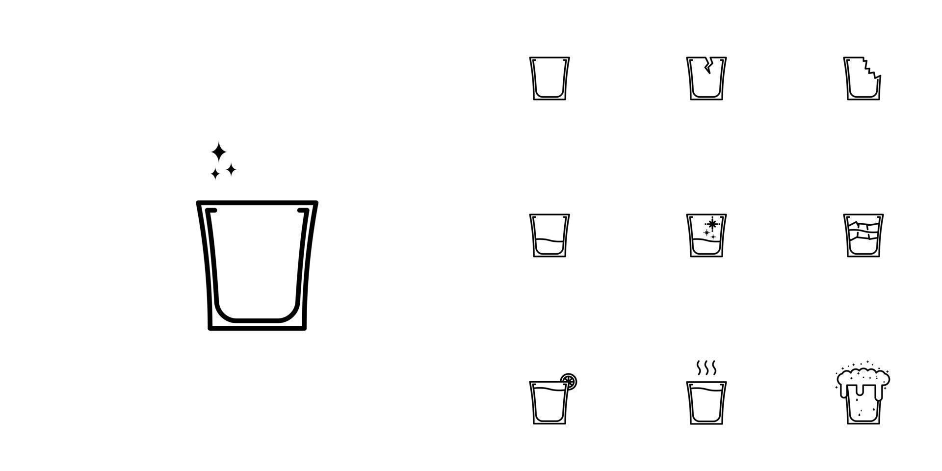 ten sets of shot glass line icons. with ice cube, lemon, hot water, cold water, soda and foam. simple, line, silhouette and clean style. black and white. suitable for symbols, signs, icons or logos vector