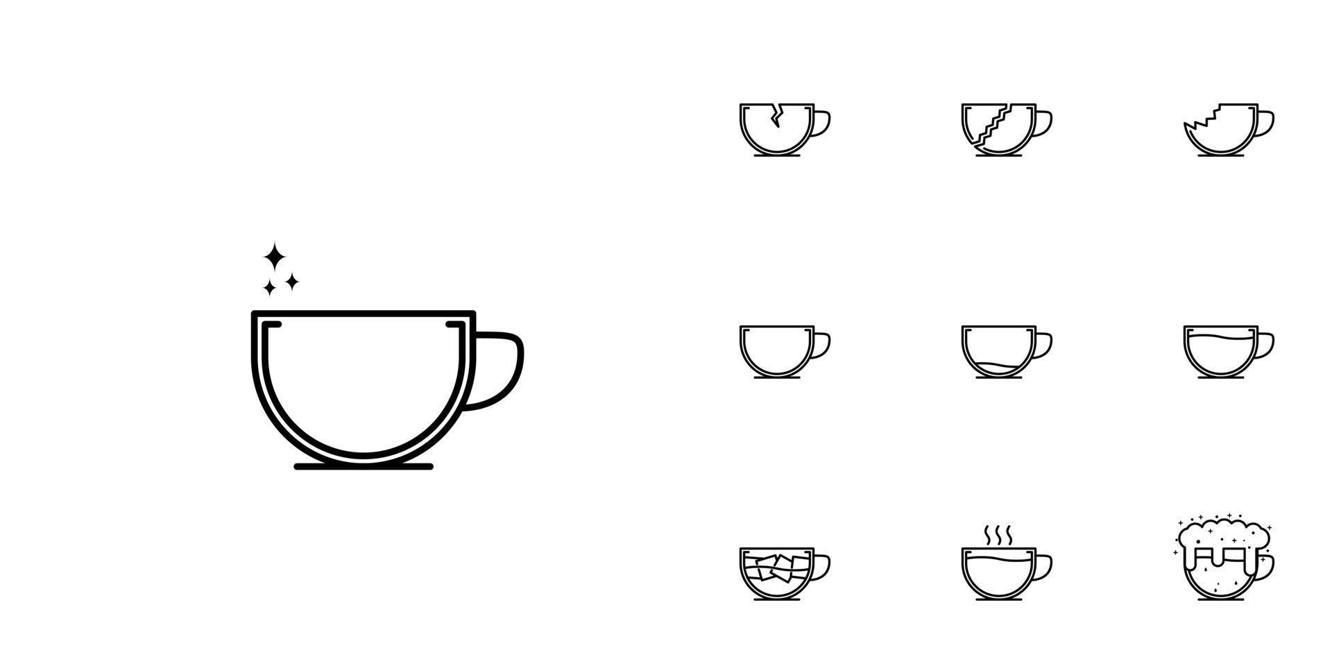 ten sets of cup line icons. with ice cube, soda, foam and hot water. simple, line, silhouette and clean style. black and white. suitable for symbols, signs, icons or logos vector