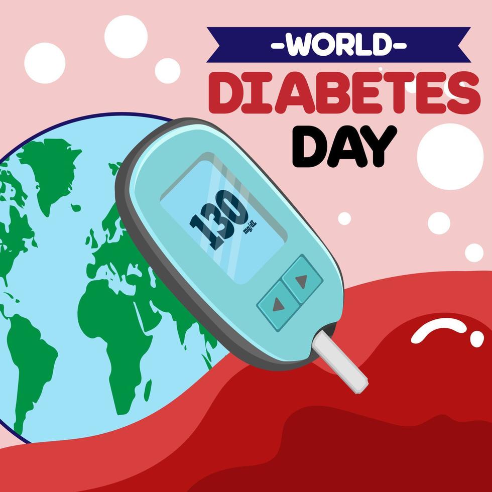 probador de sangre para diabéticos o medidor de glucosa diseño de fondo de cartel de concientización sobre la diabetes del día mundial plano con cinta azul e insignia circular en el mapa mundial vector