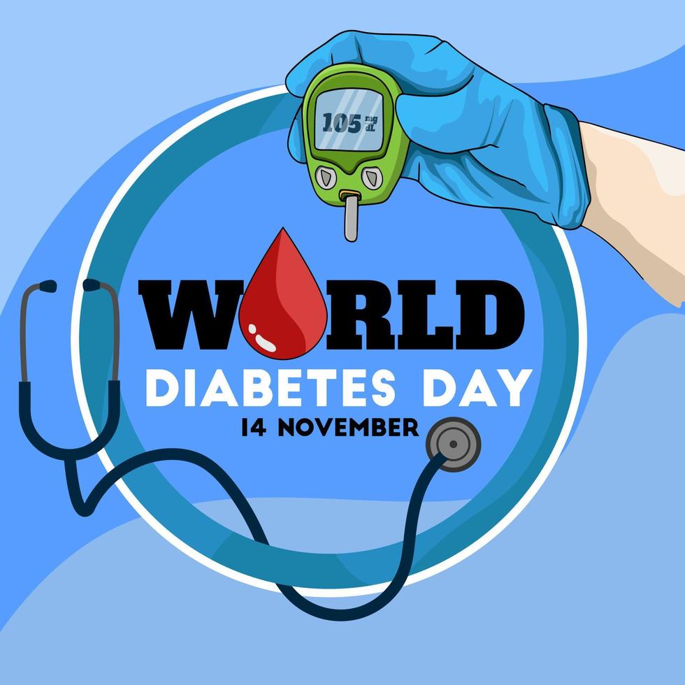 Hand holding diabetic blood tester or glucose meter flat World diabetes day awareness poster banner background design vector