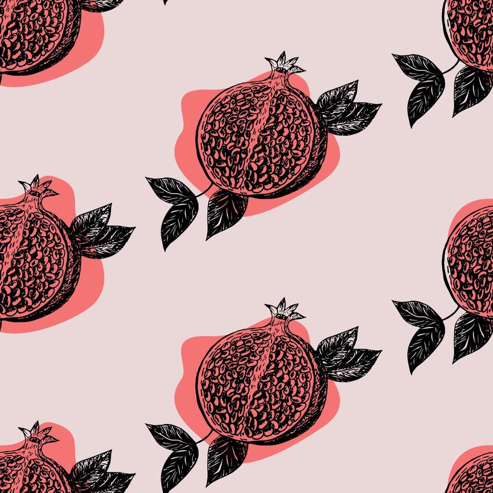 patrón sin costuras con frutas de granada. ilustración común sobre un tema hortícola. se utiliza para muchos fines, publicidad y portadas, diseño web, papel de embalaje, ilustraciones de alimentos. vector