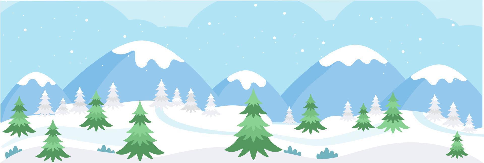 Horizontal banner with winter snowy mountains landscape. Pines on the background of mountains and hills. Winter scene. Christmas background. Vector illustration in flat cartoon style.