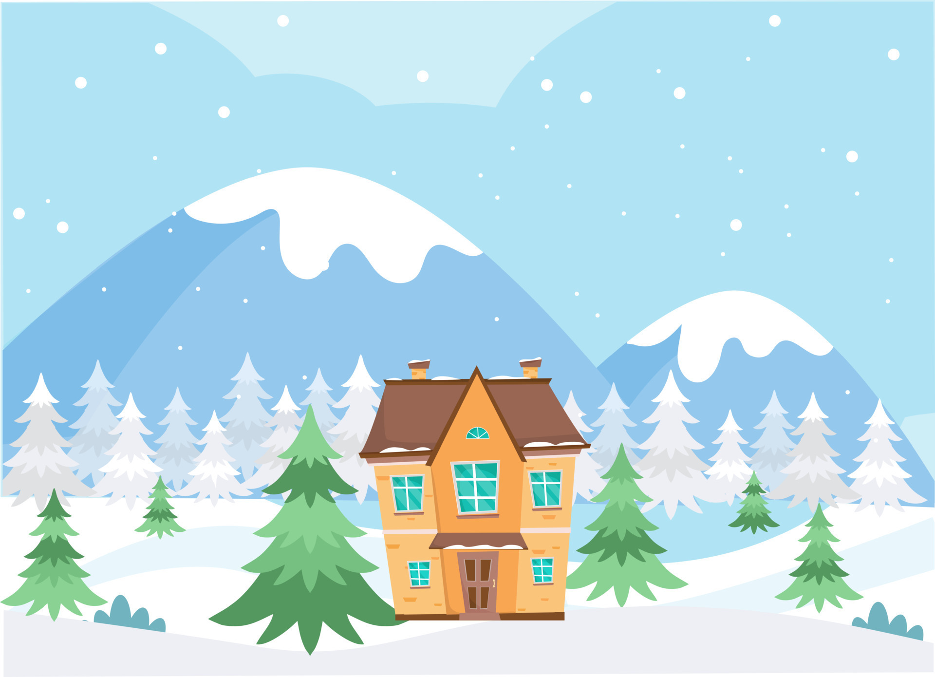 House in mountains surrounded by fir trees at winter time. Sunny winter  day. Christmas winter illustration. Cartoon winter landscape. 12564366  Vector Art at Vecteezy