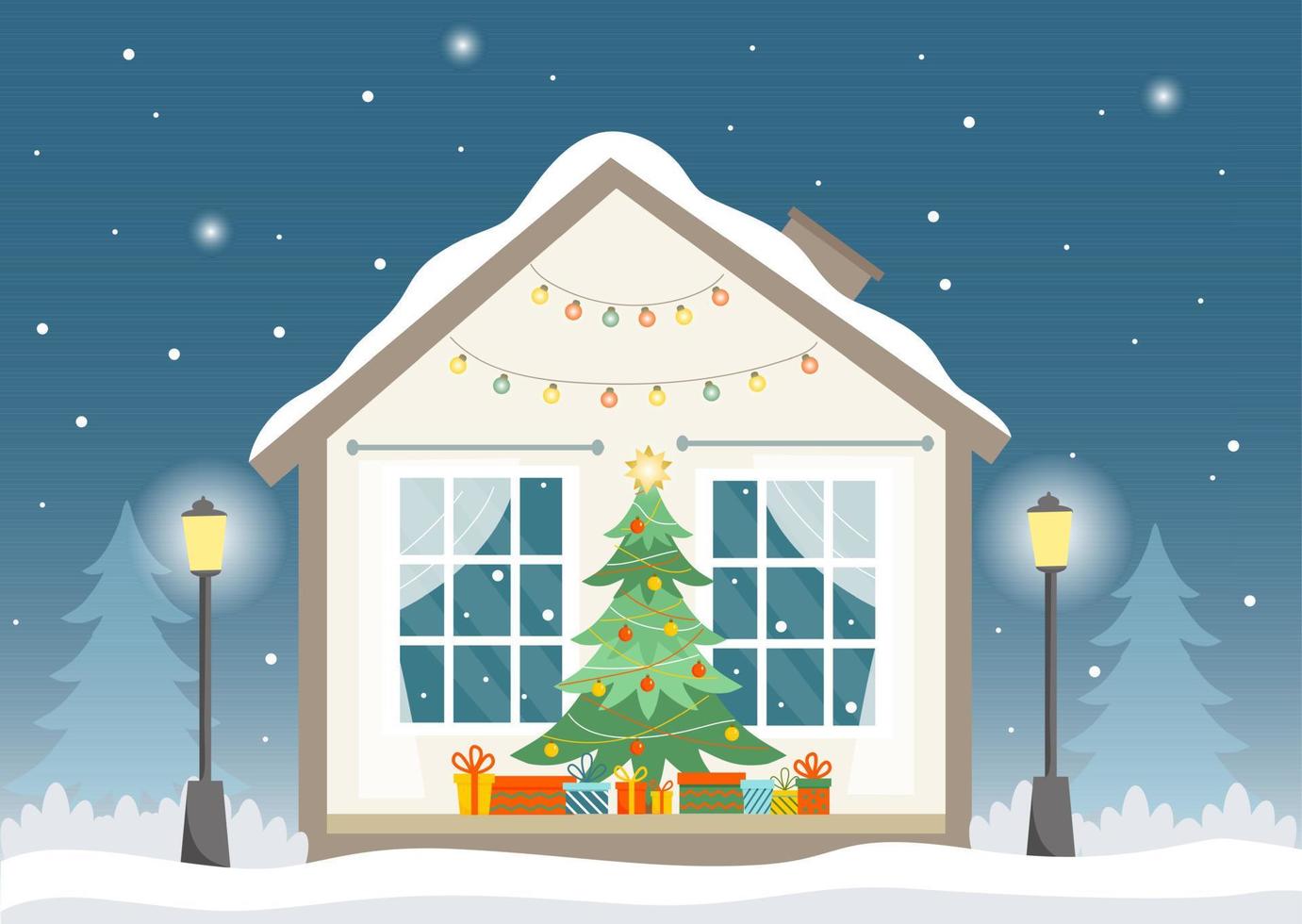 Winter house in cut with christmas tree and presents. Christmas, New year mood. House at winter night on the background of trees, street lights, snowfall. Vector illustration in flat style.