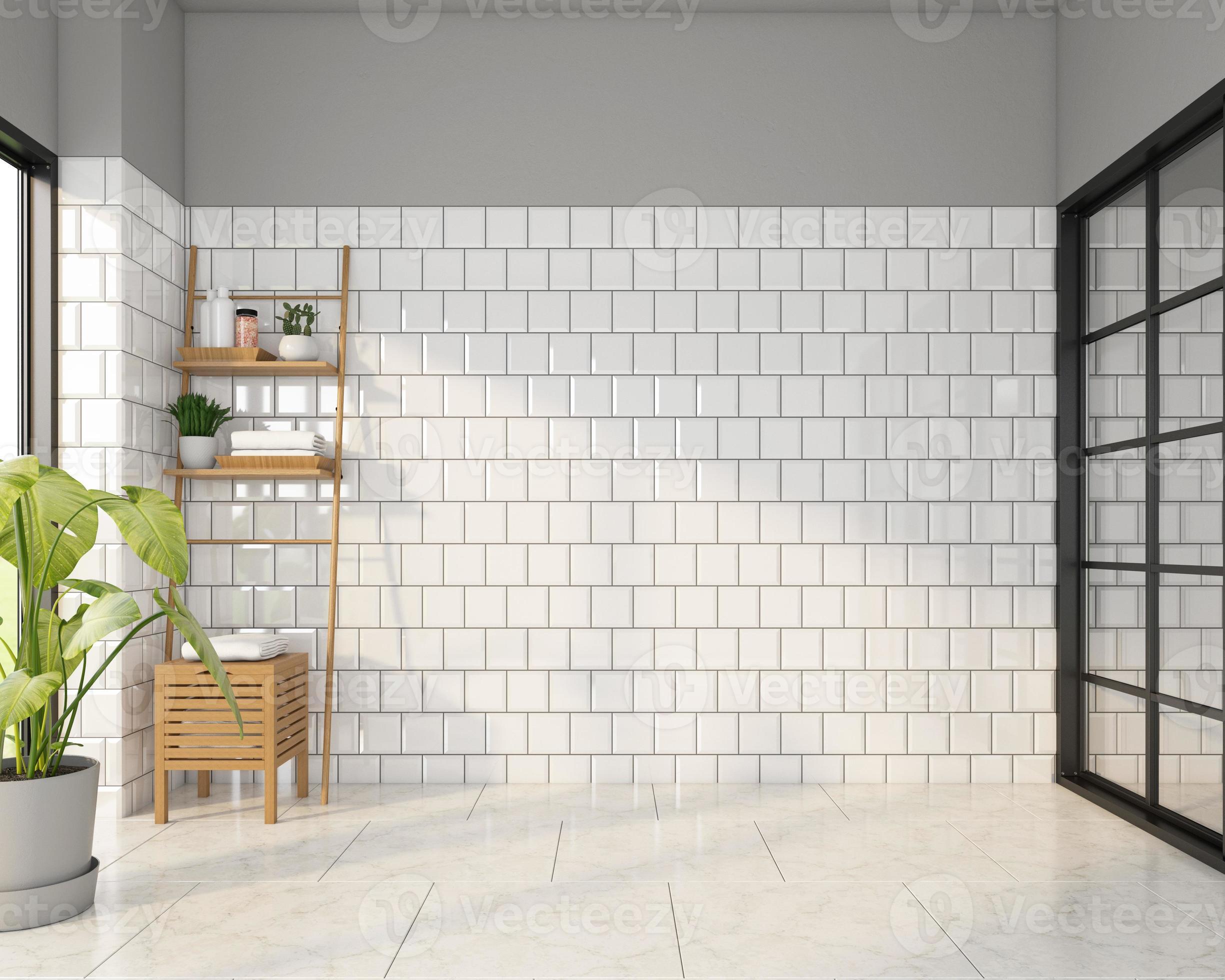 Cozy bathroom with empty spaces for products and Milgard style window