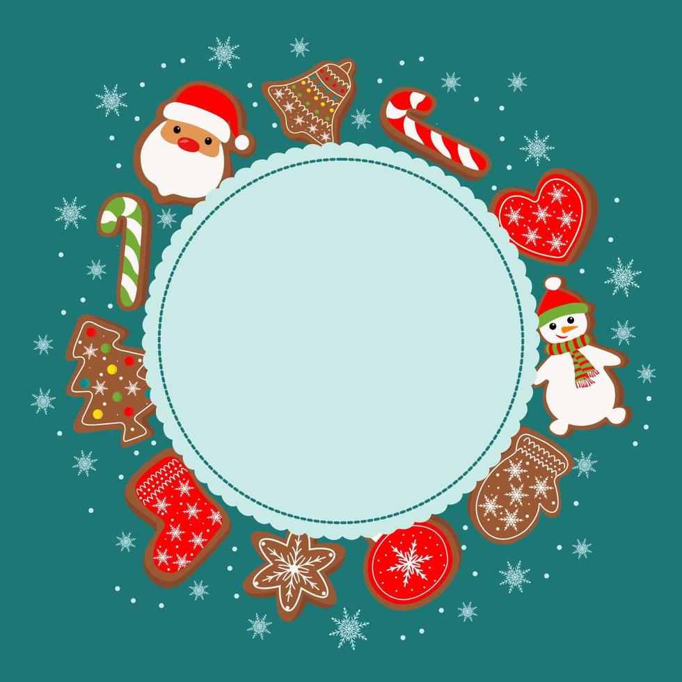 New Year and Christmas frame with gingerbread Santa Claus, snowman, Christmas tree, mittens, cookies. Symbols of a Happy New Year and Christmas. Home decorations, gift wrapping paper, covers, fabrics. vector